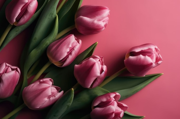 Tulpen auf rosafarbenem Hintergrund flach legen Ansicht generative ai