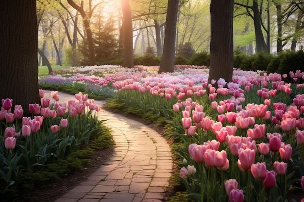 Tulpen blühen im Park bei Sonnenuntergang Schöne Frühlingslandschaft