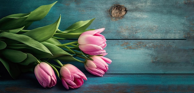 Tulpen Blumen auf blauem Hintergrund aus Holz Generative AI