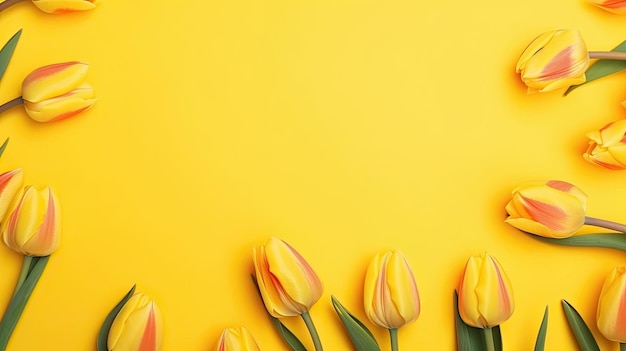 Tulpen grenzen mit Kopierbereich auf farbigem Hintergrund Schöne Rahmenkomposition von Frühlingsblumen Generative AI