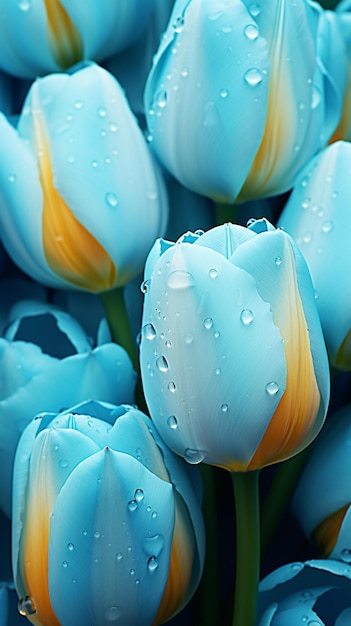 Tulpen in Blau und Gelb mit Wassertropfen.