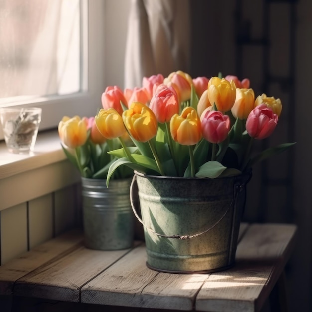 Tulpen in einem Eimer auf einem Tisch neben einem Fenster