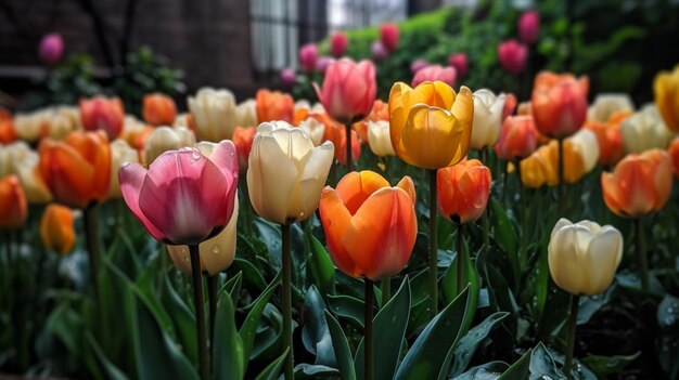 Tulpen in einem Garten mit dem Wort Tulpen auf der linken Seite