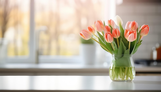 Tulpen in einer Vase im Küchenfrühlingskonzept