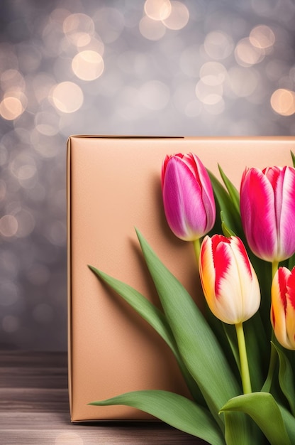 Tulpen mit Geschenkkiste auf einem Holztisch