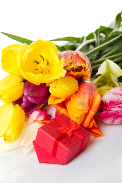 Tulpen und rote Geschenkbox