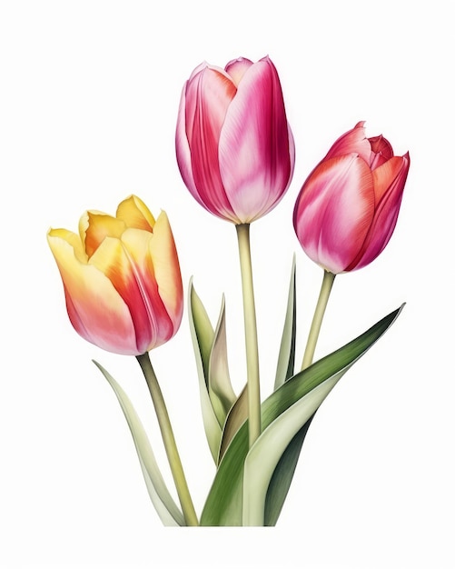 Tulpenblüten auf weißem Hintergrund, generative KI