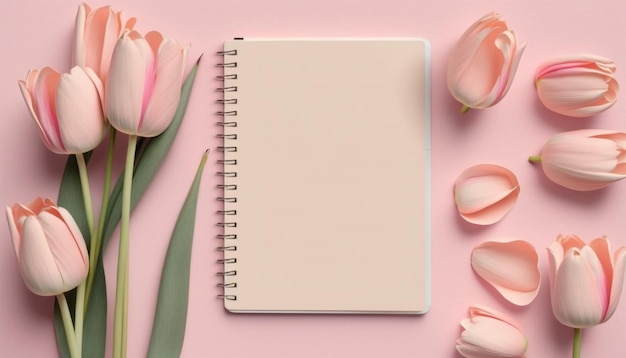 Foto tulpenblume und notizbuch auf rosa hintergrund, generative ai