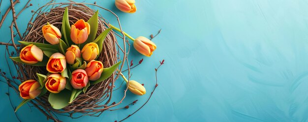 Tulpenblumen in einem Korb auf blauem Hintergrund Frühlings- und Osterfeiertags-Grüßkarte mit Kopierplatz