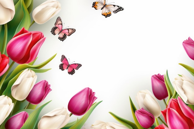 Tulpenblumen und Schmetterlinge rahmen oder umranden einen nahtlosen Hintergrund, der von KI generiert wird