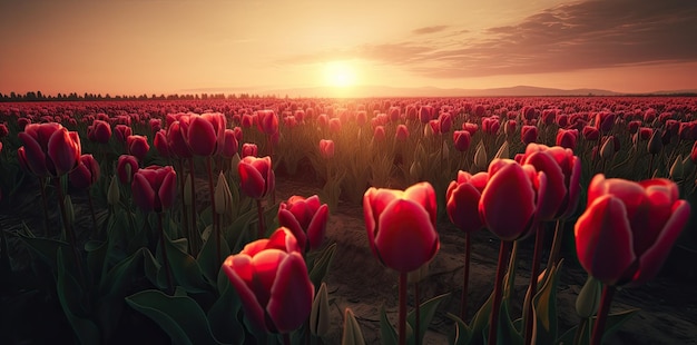 Tulpenblumenfeld auf schöner Sonnenunterganglandschaft Generative AI