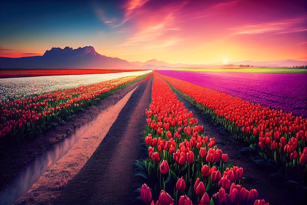 Tulpenfeld in Holland Wunderschöne Frühlingslandschaft mit Blumen Generative KI