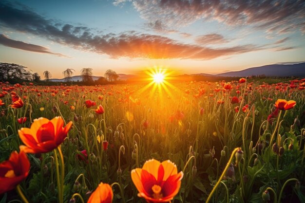 Tulpenfeld in voller Blüte mit der untergehenden Sonne im Hintergrund, erstellt mit generativer KI