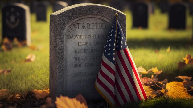 Una tumba con una bandera americana en primer plano