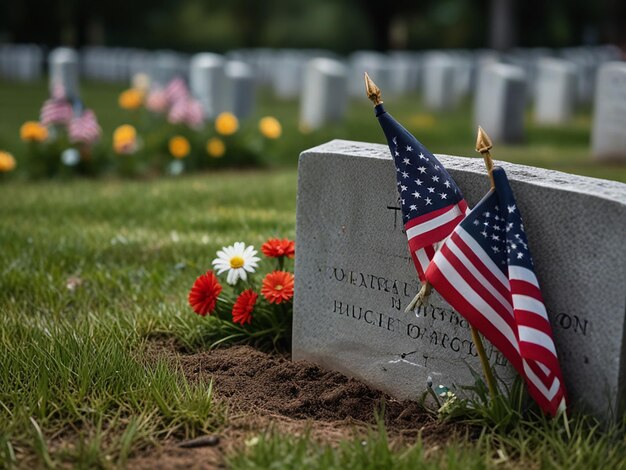 una tumba con una bandera y flores en el medio