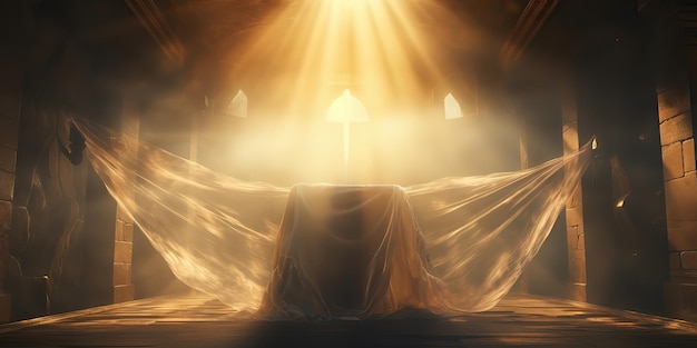 Tumba de Jesucristo con sudario y crucifijo al amanecer con luces mágicas