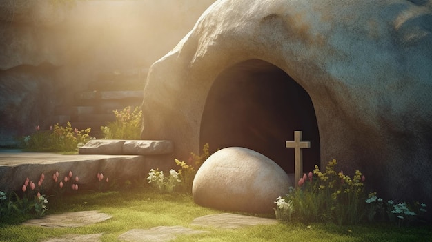 La tumba de Jesús está vacía con cruces en la distancia Concepto de Pascua o Resurrección Ha ascendido La IA generativa