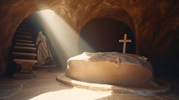 La tumba de Jesús está vacía con cruces en la distancia Concepto de Pascua o Resurrección Ha ascendido La IA generativa