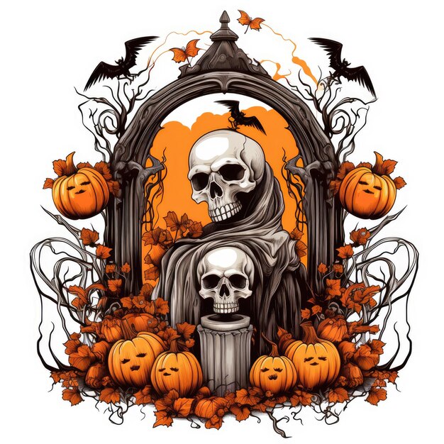 tumba tumba cráneos calabaza Halloween ilustración de terror aterrador diseño de tatuaje vector fantasía aislada