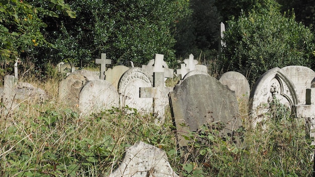 Tumbas y cruces en el cementerio gótico