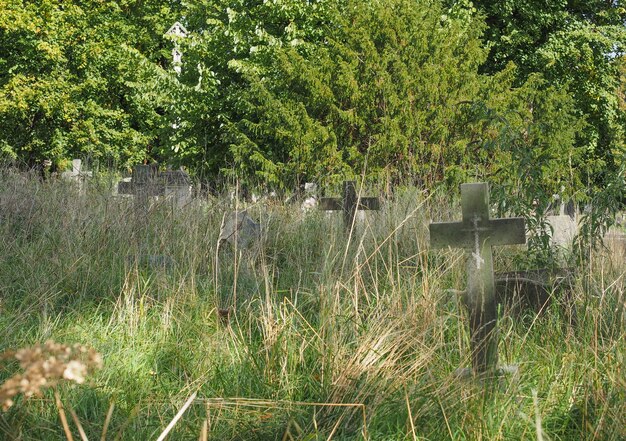 Tumbas y cruces en el cementerio gótico