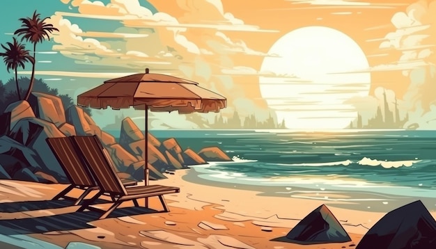Tumbonas y casas de vacaciones con sombrillas en la playa Diseños artísticos que evocan una sensación de nostalgia