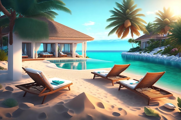 Tumbonas de playa tumbonas en la terraza y una piscina privada con vista panorámica al mar