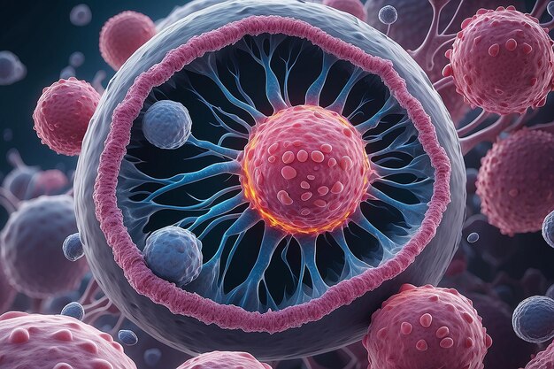 Tumor de células cancerígenas com metástases visão de microscópio em close-up conceito de medicina de saúde biologia