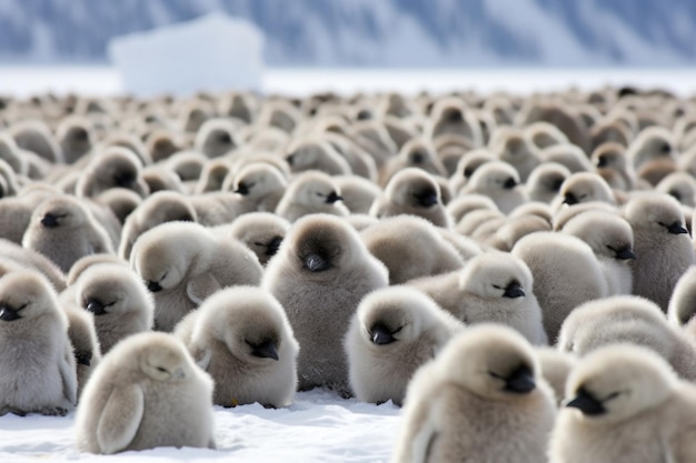 Tundra congelada con un grupo de polluelos de pingüino esponjosos acurrucados para calentarse creado con ai generativa