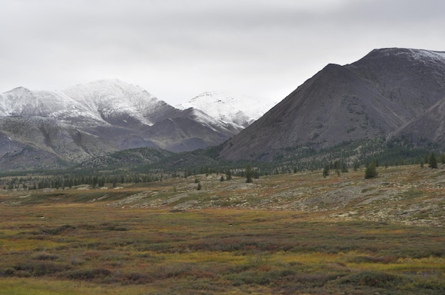 Tundra de outono no fundo das montanhas em Yakutia