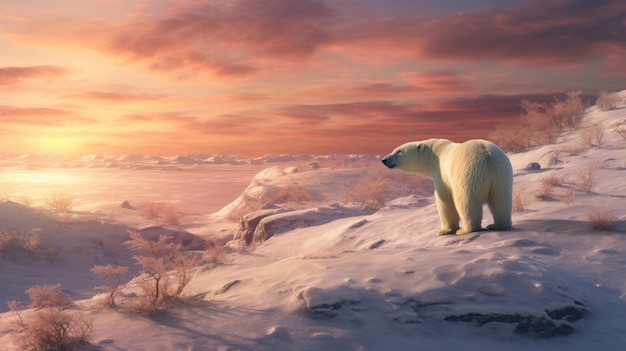 Tundra desolada coberta de neve com um fundo de urso polar solitário Criado com tecnologia de IA generativa