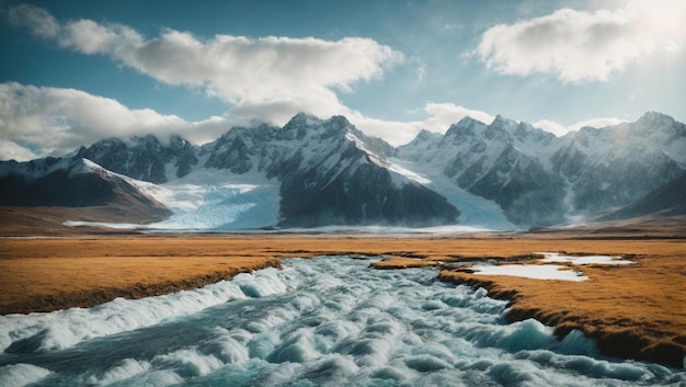 Tundra-Landschaft mit schneebedecktem Berghintergrund