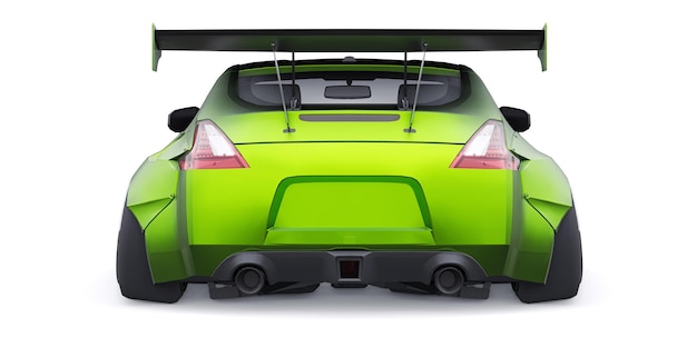 Tuned coche de carreras deportivos con extensiones de arco suspensión de aire y un gran spoiler renderización 3d