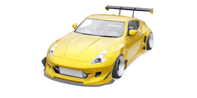 Tuned coche de carreras deportivos con extensiones de arco suspensión de aire y un gran spoiler renderización 3d
