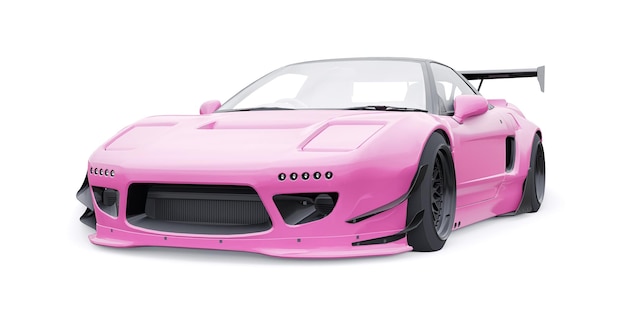 Tuned coche de carreras deportivos con extensiones de arco suspensión de aire y un gran spoiler renderización 3d