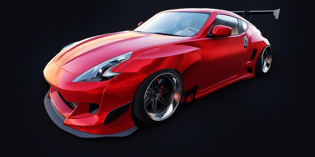 Tuned coche de carreras deportivos con extensiones de arco suspensión de aire y un gran spoiler renderización 3d