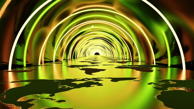 Túnel 3D de brillo futurista abstracto con luces de neón con piso de patrón