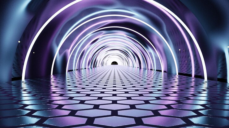 Túnel 3D futurista abstracto con piso de patrón hexagonal de luces de neón