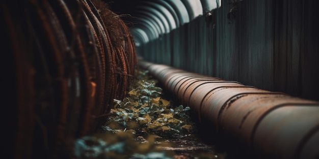 túnel abandonado com grande cano enferrujado