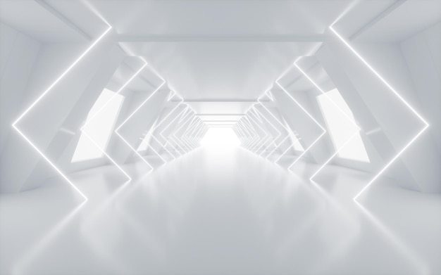 Túnel abstracto blanco con líneas de neón brillantes renderización 3D