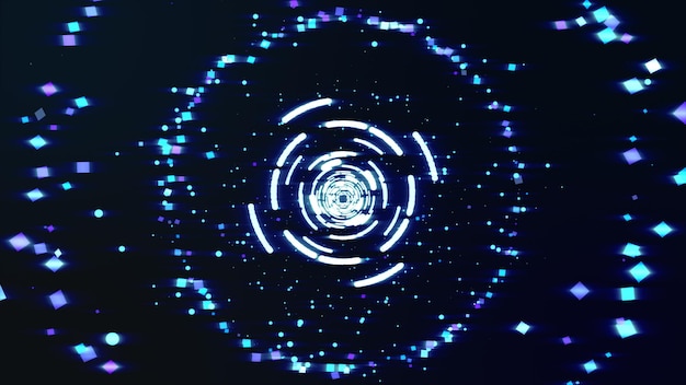 Túnel abstracto dinámico brillante con formas voladoras círculos cuadrados partículas y anillos brillantes 4K