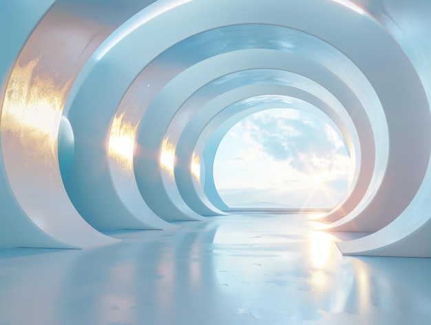 Túnel abstracto futurista con reflejos dorados y diseño de luz solar