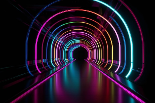 Túnel abstracto de pasaje radiante con luces de neón vívidas