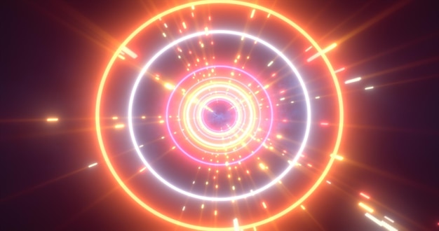 Túnel de alta tecnología futurista de energía multicolor abstracta de círculos voladores y líneas de magia de neón