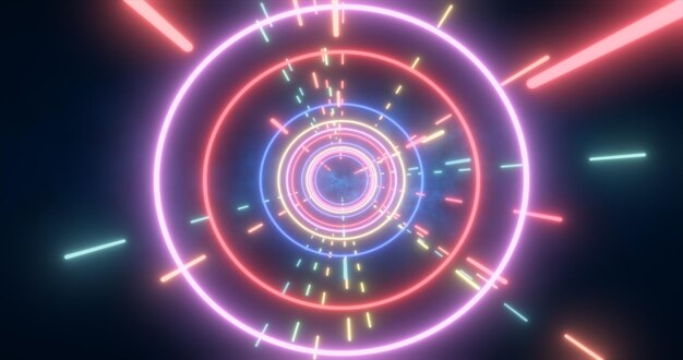 Túnel de alta tecnología futurista de energía multicolor abstracta de círculos voladores y líneas de magia de neón