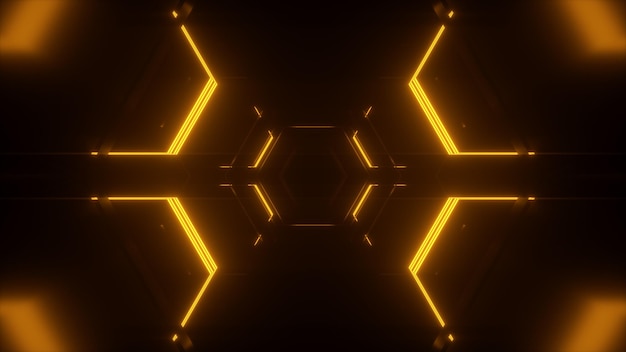 Túnel amarelo neon abstrato com reflexos 3D