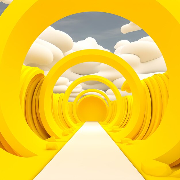 Un túnel amarillo con suelo blanco y un cielo azul de fondo.