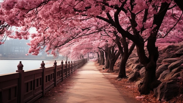 Foto túnel de árboles rosados en corea del sur