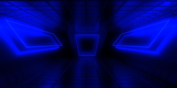 Túnel de arquitectura abstracta con luz de neón. Ilustración 3d