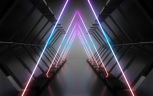 Túnel de arquitectura abstracta con luz de neón. Ilustración 3d